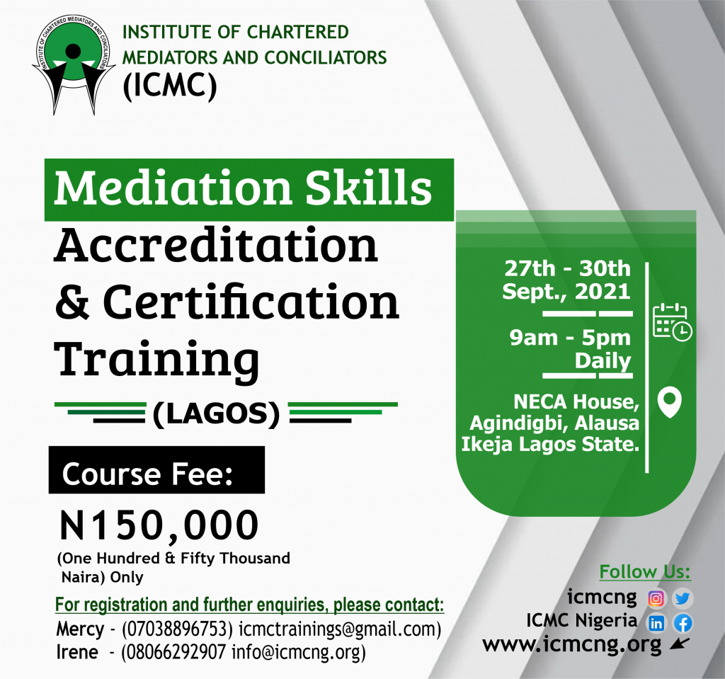 ICMC Mediation Skills Accreditation and Certification Training. (LAGOS)