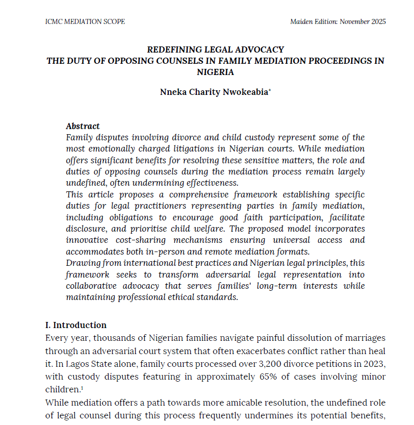 REDEFINING LEGAL ADVOCACY THE DUTY OF OPPOSING COUNSELS IN FAMILY MEDIATION PROCEEDINGS IN NIGERIA Nneka Charity Nwokeabia